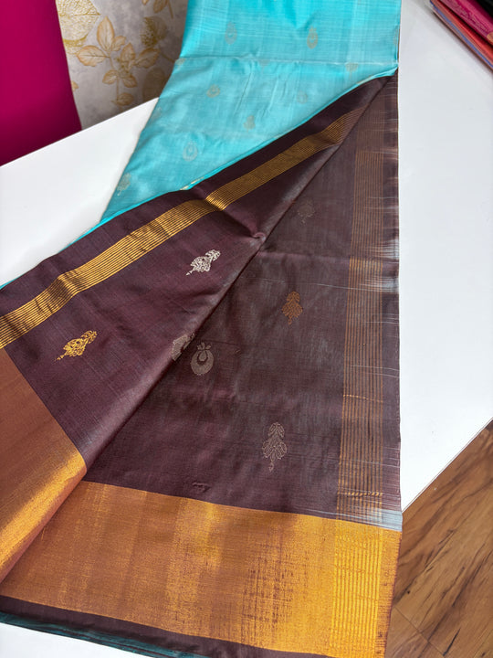 Sea Blue & Chocolate Saree- Handwoven Uppada Silk Saree