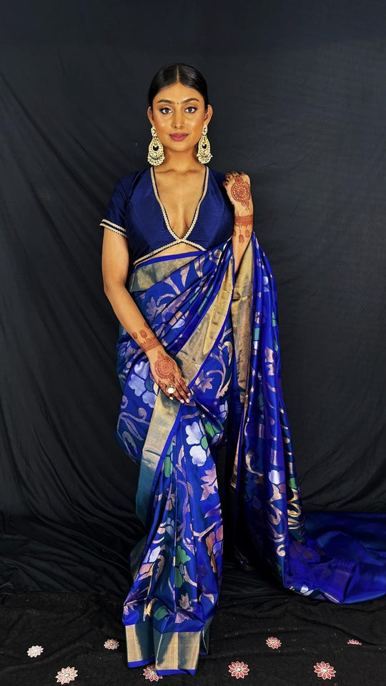 Kimaya - Royal Blue Handwoven Jamdani Silk Saree