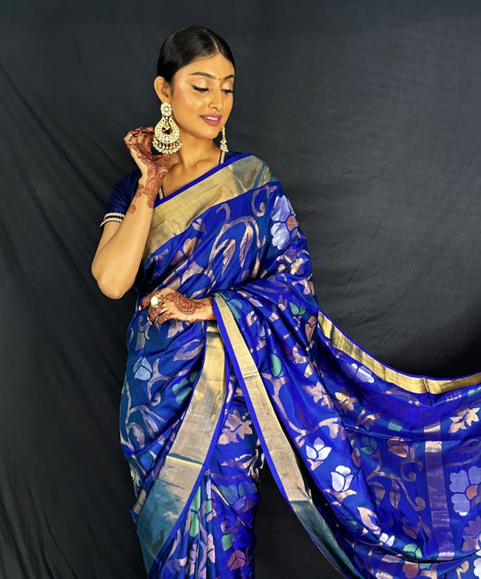 Kimaya - Royal Blue Handwoven Jamdani Silk Saree