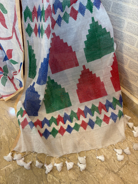 Not A Blank Canvas - White Handloom Print Cotton Saree