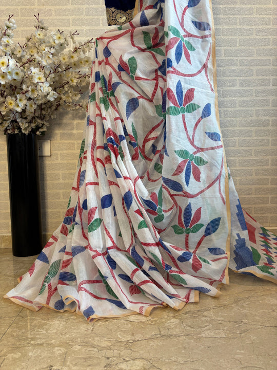 Not A Blank Canvas - White Handloom Print Cotton Saree