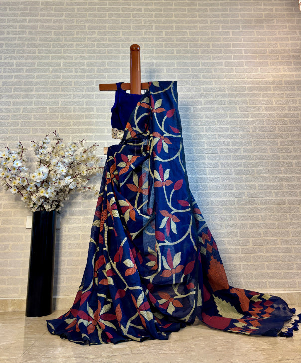Not A Blank Canvas - Blue Handloom Print Cotton Saree