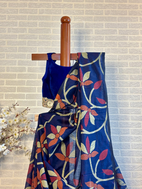 Not A Blank Canvas - Blue Handloom Print Cotton Saree