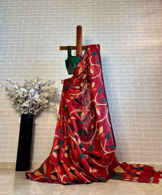 Not A Blank Canvas - Red Handloom Print Cotton Saree