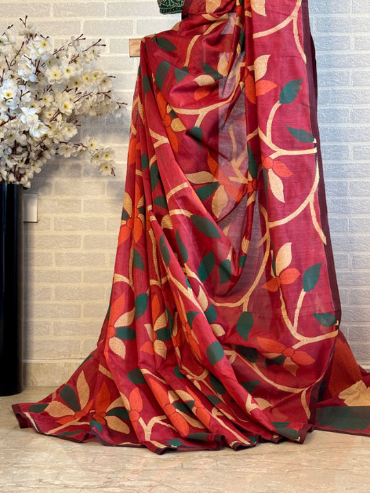 Not A Blank Canvas - Red Handloom Print Cotton Saree