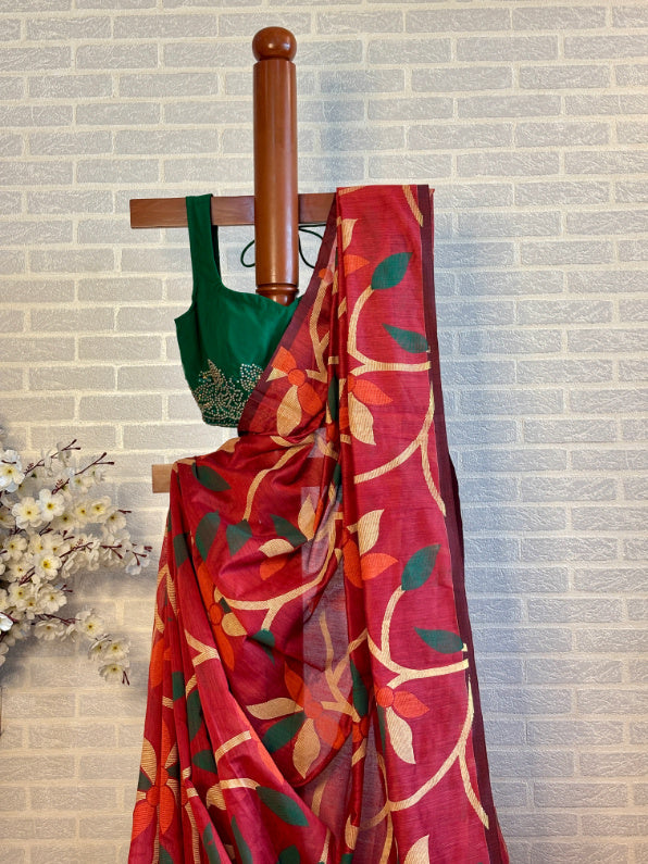 Not A Blank Canvas - Red Handloom Print Cotton Saree