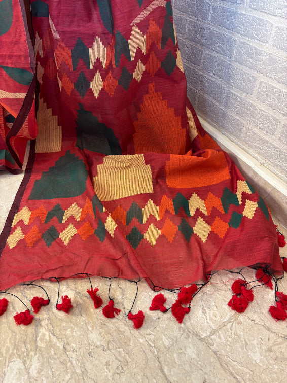 Not A Blank Canvas - Red Handloom Print Cotton Saree