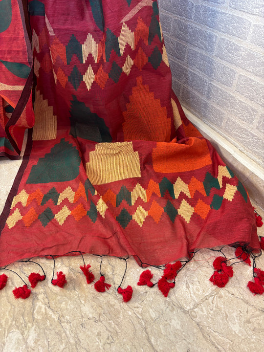 Not A Blank Canvas - Red Handloom Print Cotton Saree