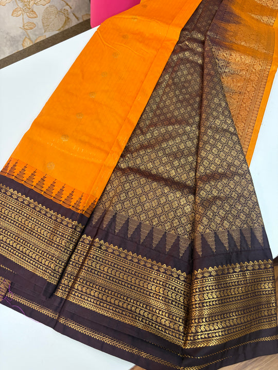 One Saree One Story - Golden Yellow & Brown Black Gadwal Silk Saree