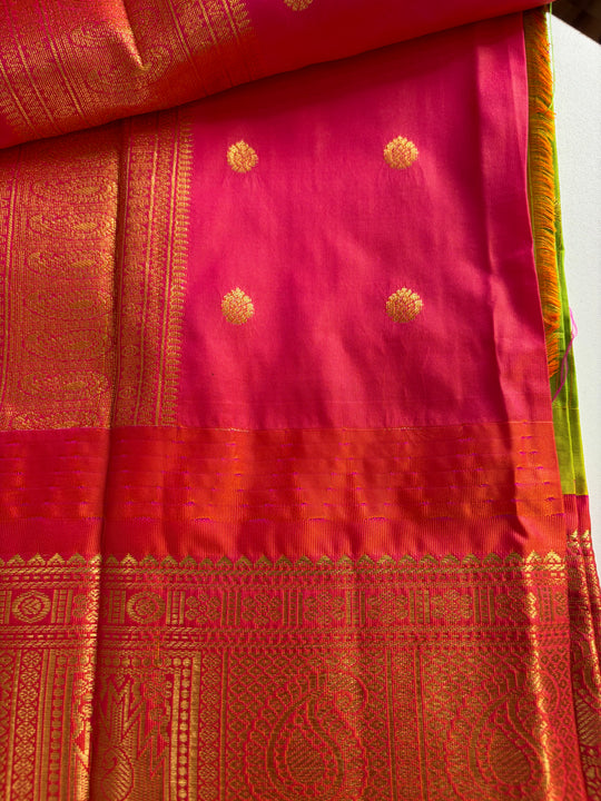 One Saree One Story - Parrot Green & Pink Gadwal Silk Saree