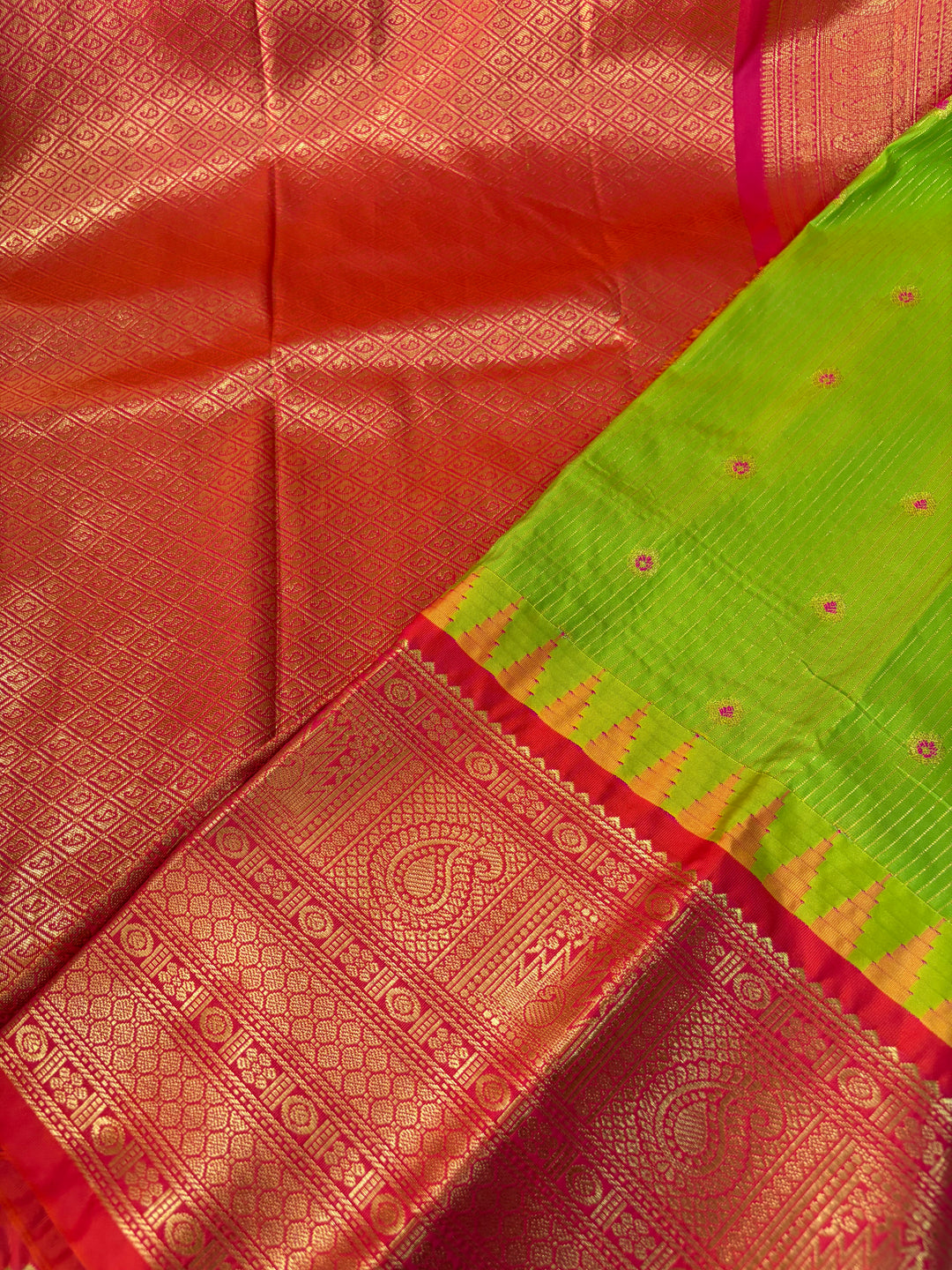 One Saree One Story - Parrot Green & Pink Gadwal Silk Saree
