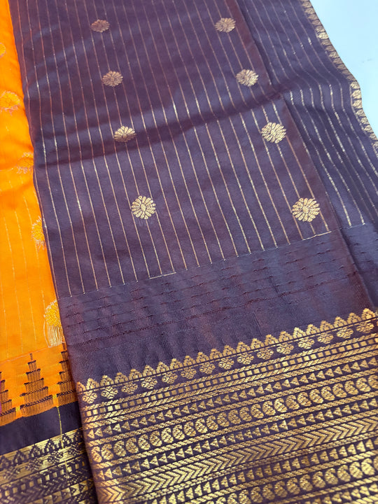 One Saree One Story - Golden Yellow & Brown Black Gadwal Silk Saree