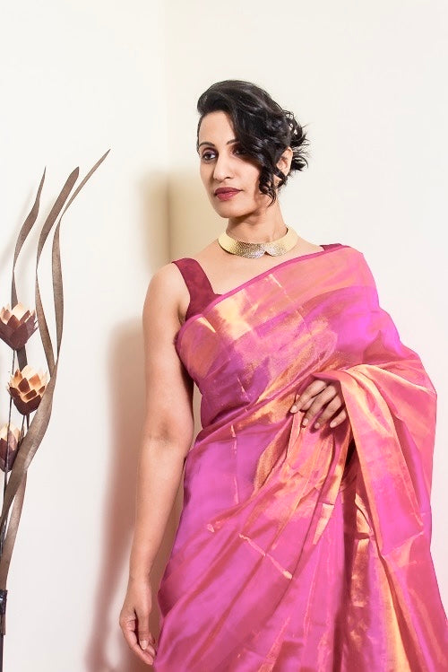 The Zari Sheen - Pink Handwoven Uppada Tissue Silk Saree