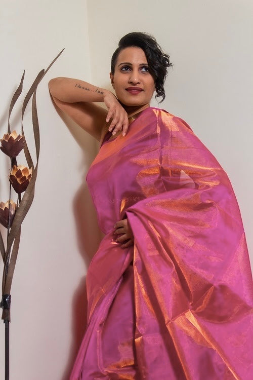 The Zari Sheen - Pink Handwoven Uppada Tissue Silk Saree