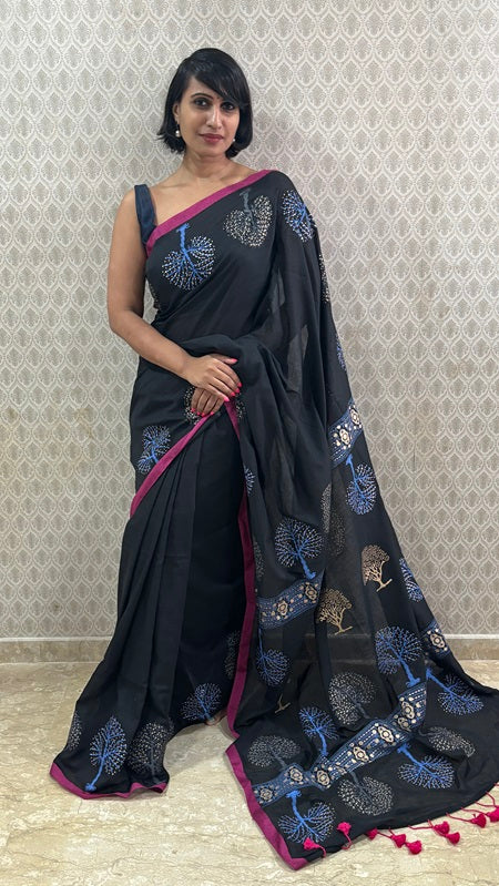Tree Of Life Handblock Cotton Saree