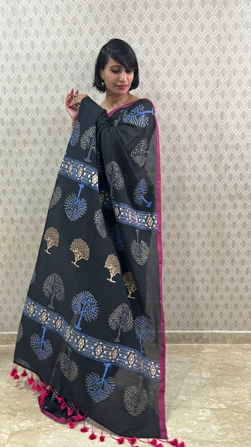 Tree Of Life Handblock Cotton Saree