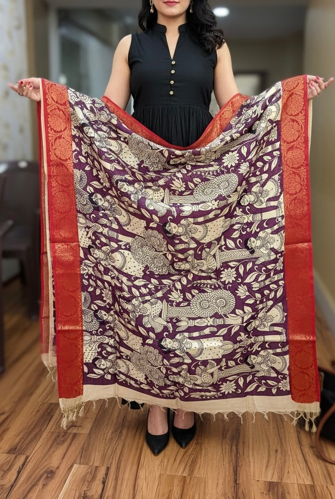 Sakhi - Violet Silk Handpainted Kalamkari Dupatta