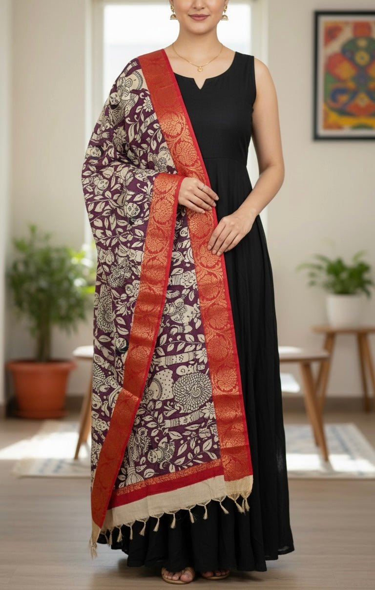 Sakhi - Violet Silk Handpainted Kalamkari Dupatta