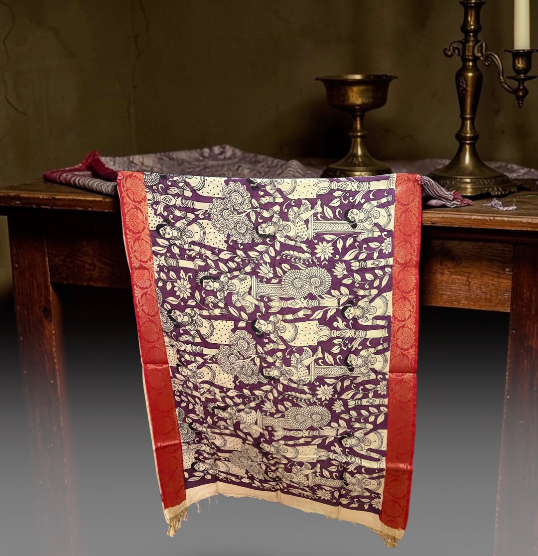 Sakhi - Violet Silk Handpainted Kalamkari Dupatta