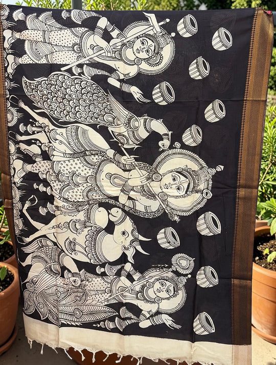 Nritta- Black and Cream Handpainted Kalamkari Dupatta