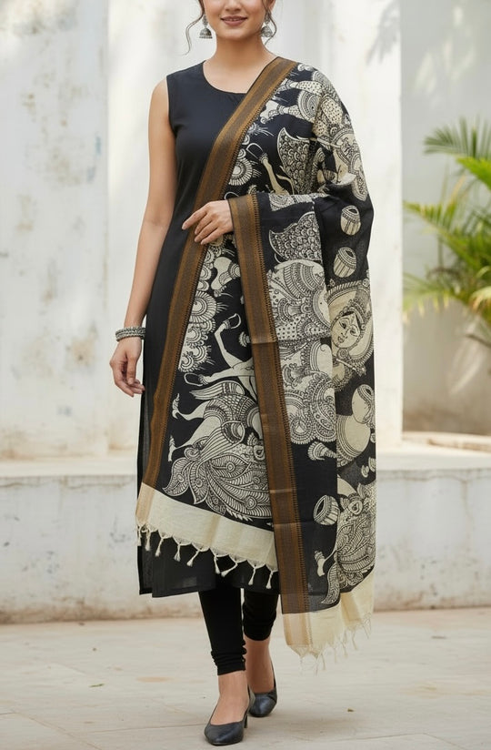 Nritta- Black and Cream Handpainted Kalamkari Dupatta
