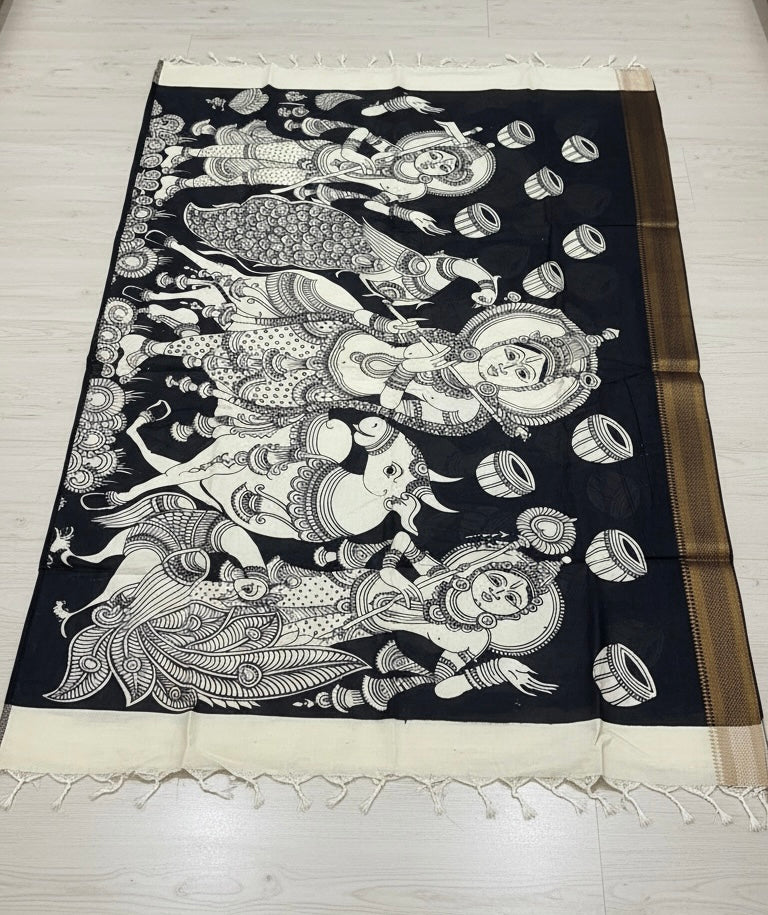 Nritta- Black and Cream Handpainted Kalamkari Dupatta