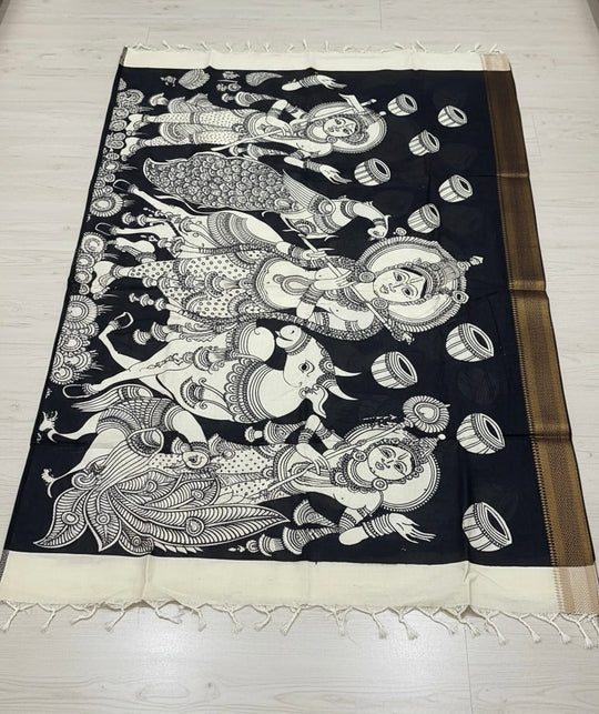 Nritta- Black and Cream Handpainted Kalamkari Dupatta