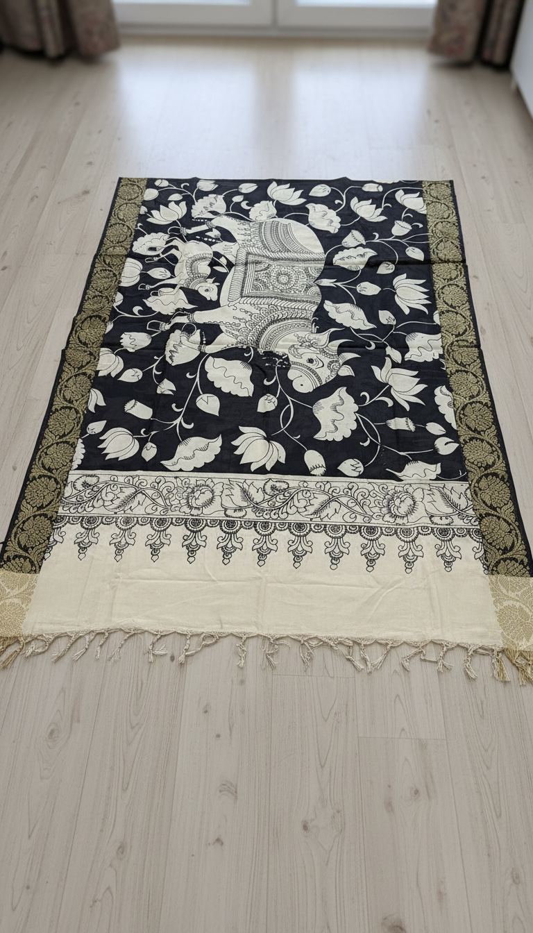 Nandi & the Garden - Handpainted Kalamkari Dupatta
