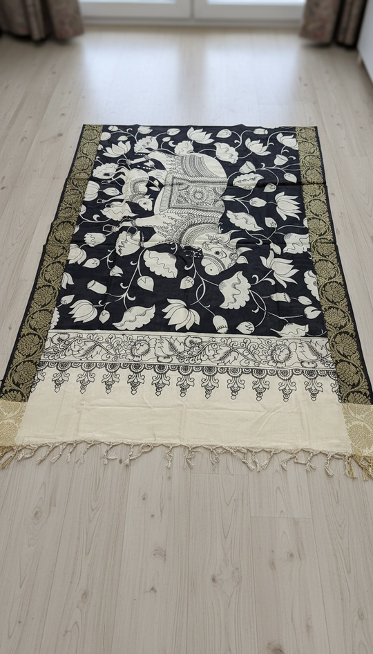 Nandi & the Garden - Handpainted Kalamkari Dupatta