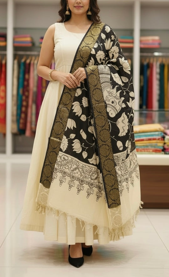 Nandi & the Garden - Handpainted Kalamkari Dupatta