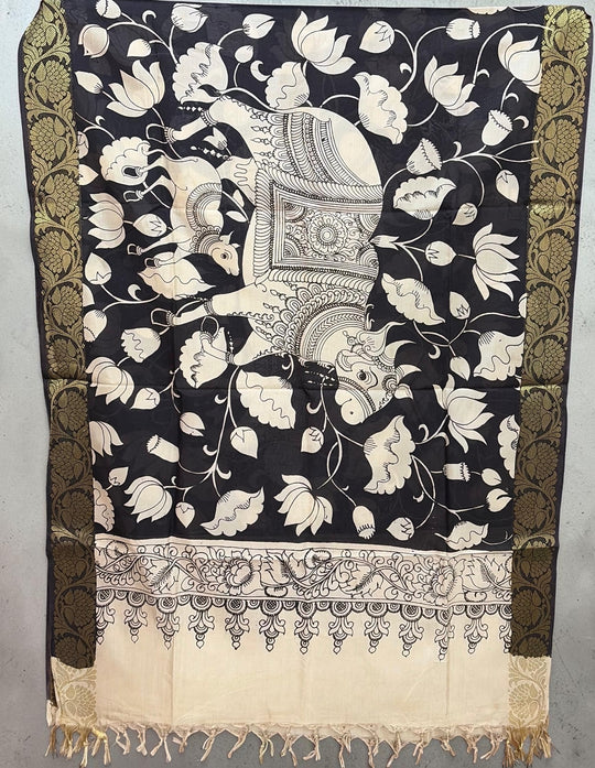 Nandi & the Garden - Handpainted Kalamkari Dupatta