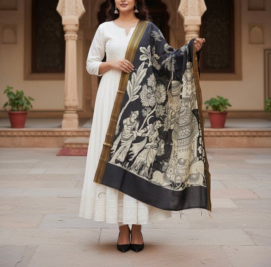 The Rustic Story- Handpainted Kalamkari Dupatta