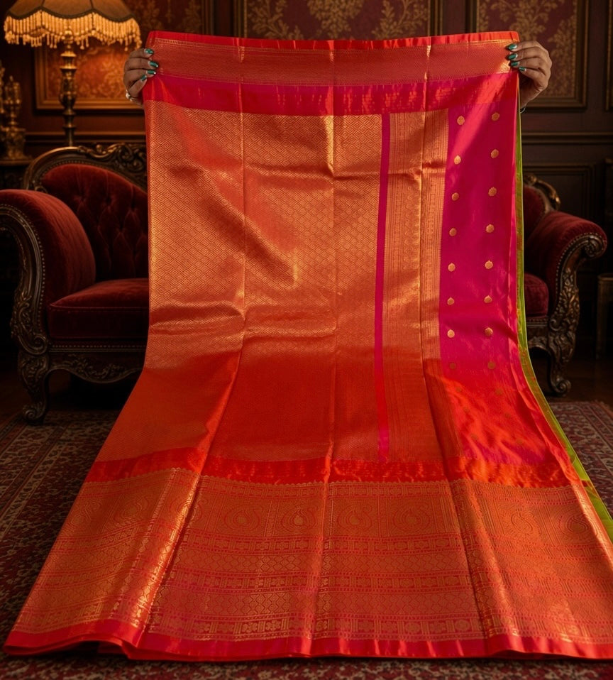 One Saree One Story - Parrot Green & Pink Gadwal Silk Saree