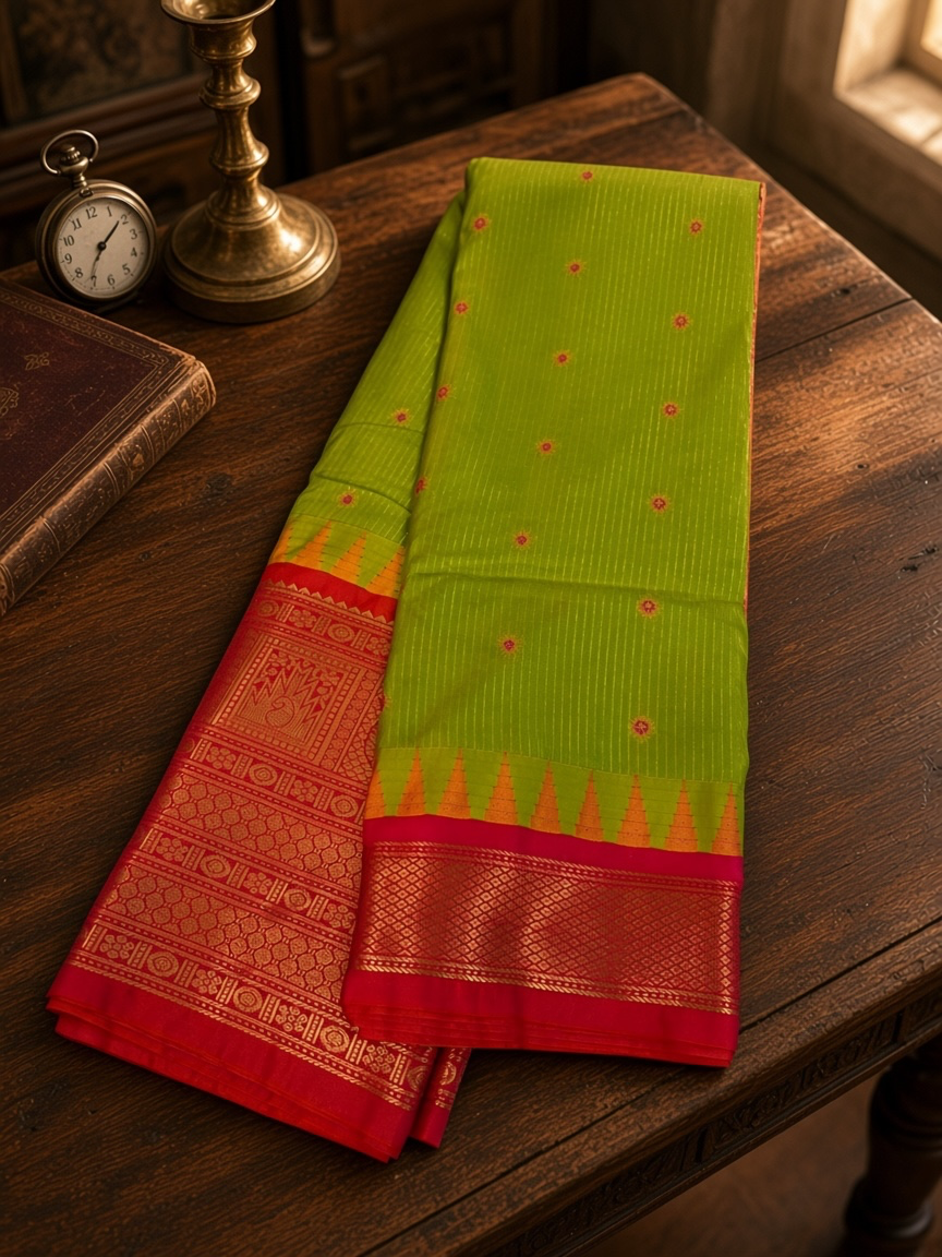 One Saree One Story - Parrot Green & Pink Gadwal Silk Saree