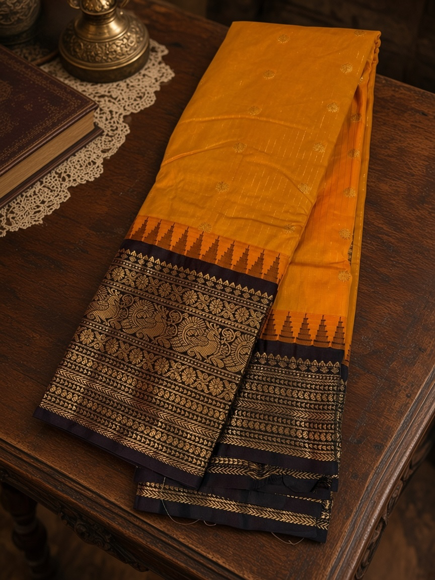 One Saree One Story - Golden Yellow & Brown Black Gadwal Silk Saree