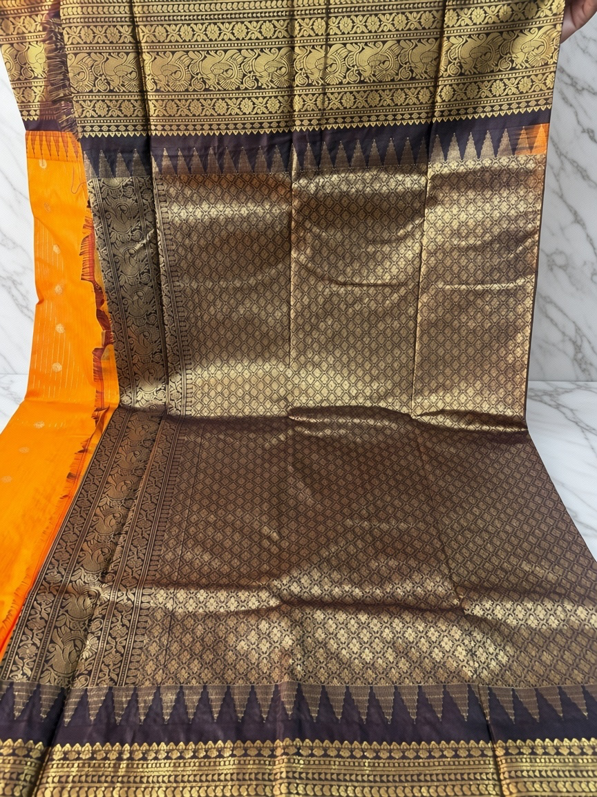 One Saree One Story - Golden Yellow & Brown Black Gadwal Silk Saree