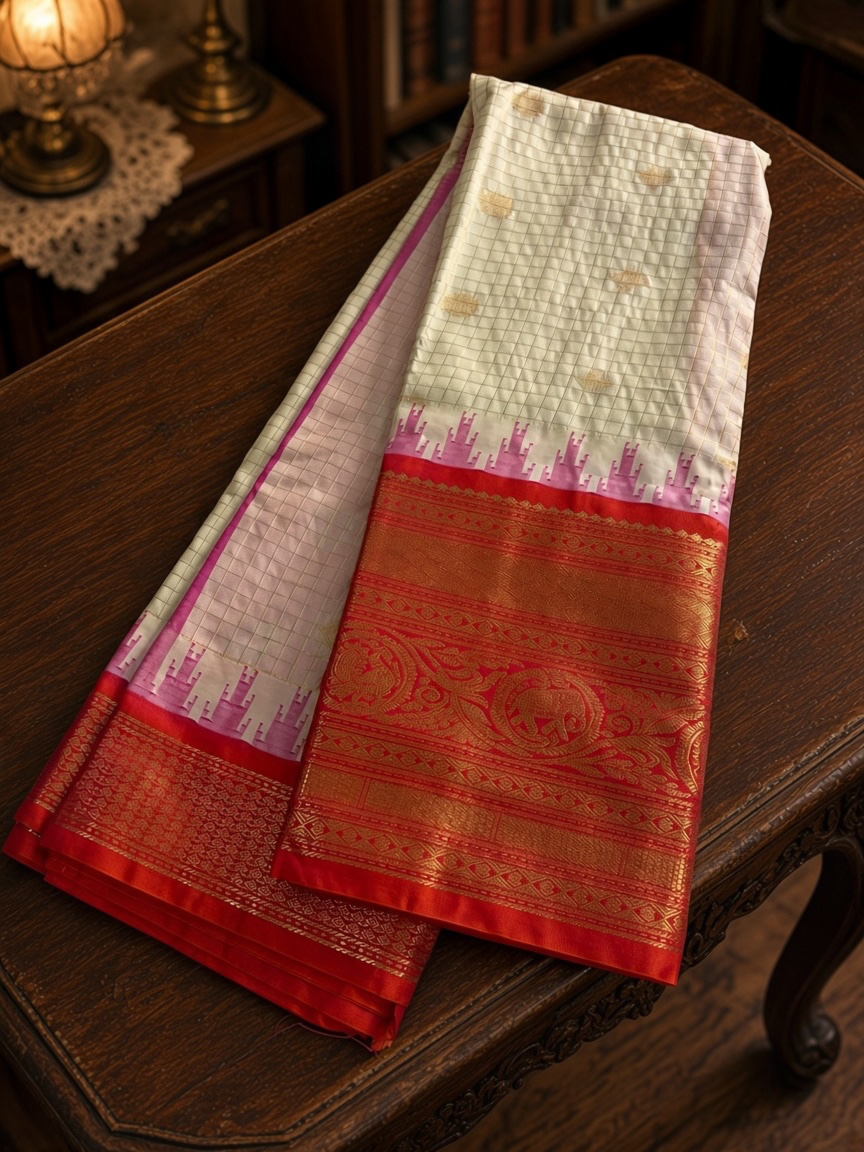 One Saree One Story - Cream & Pink Gadwal Saree