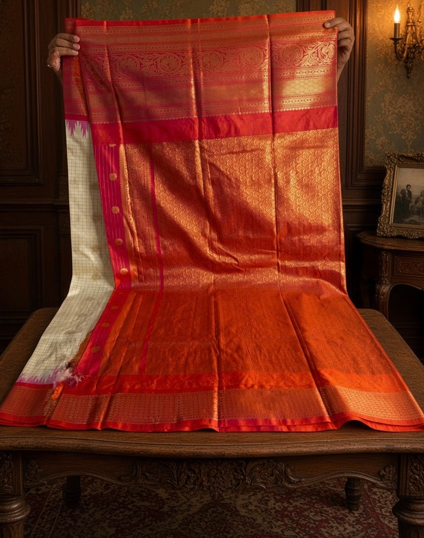 One Saree One Story - Cream & Pink Gadwal Saree