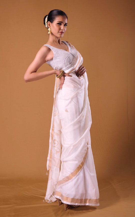 Hans Waala Safed - Handwoven White Jamdani Silk Saree
