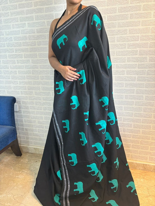 GajaGamini-Mint Green Hand Block Elephant Print Cotton Saree