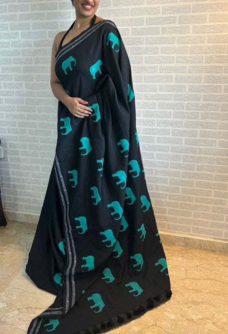 GajaGamini-Mint Green Hand Block Elephant Print Cotton Saree