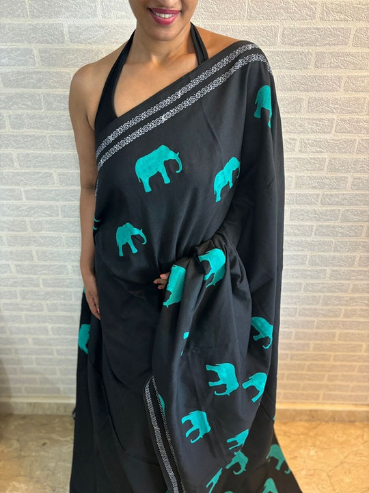 GajaGamini-Mint Green Hand Block Elephant Print Cotton Saree