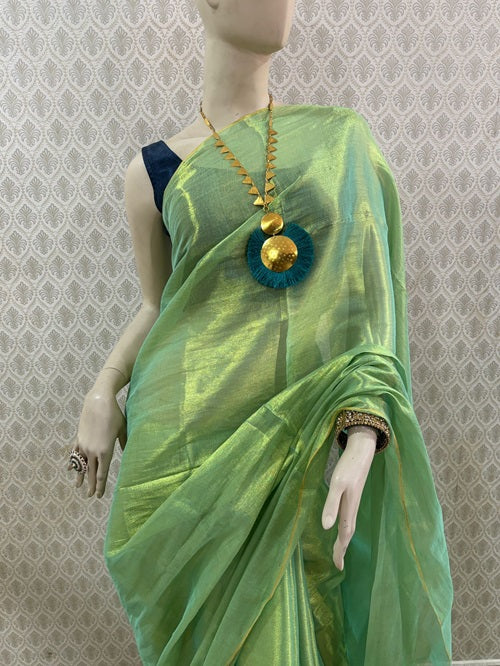 Varnam- Lime Green Tissue Cotton Saree