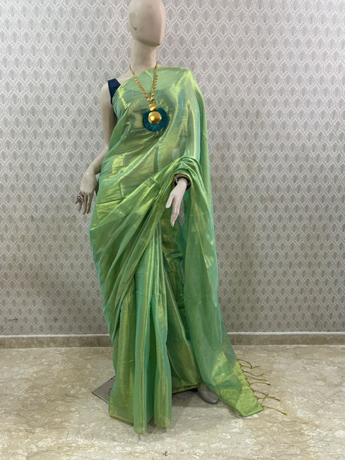 Varnam- Lime Green Tissue Cotton Saree
