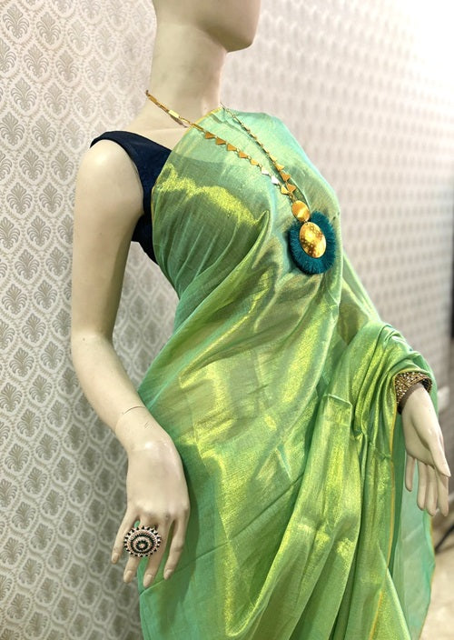 Varnam- Lime Green Tissue Cotton Saree