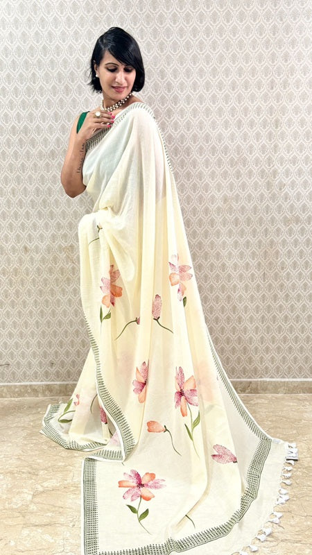 Aura Hand Painted Floral Cotton Saree