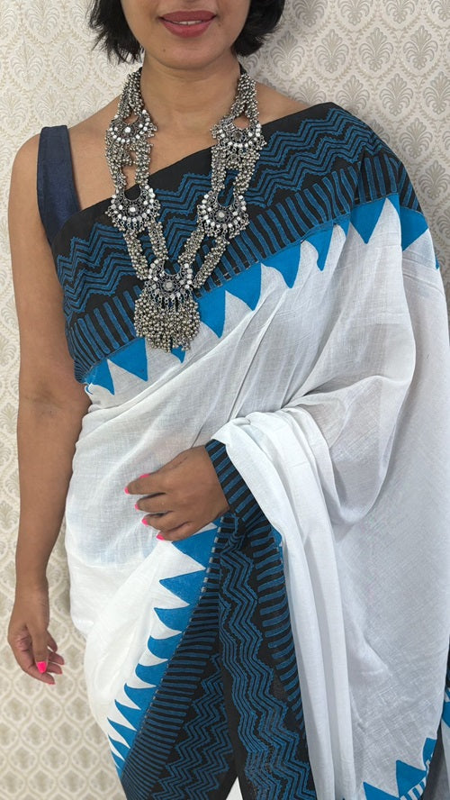 Blue Moon Hand Block Cotton Saree