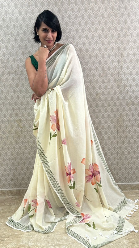 Aura Hand Painted Floral Cotton Saree