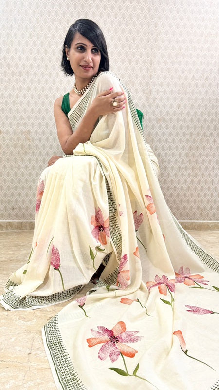 Aura Hand Painted Floral Cotton Saree