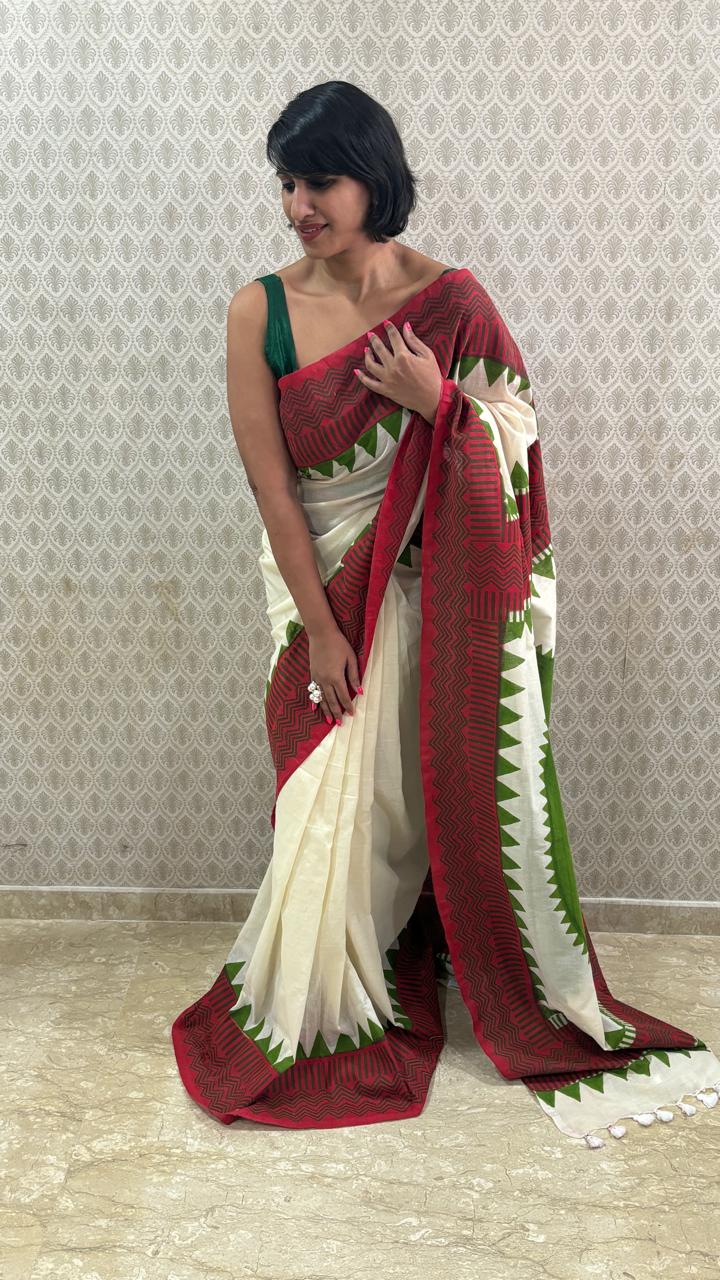 That Green Bindi Hand Block Cotton Saree